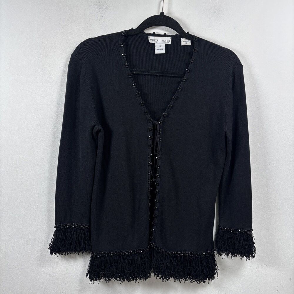 White House Black Market Beaded Fringe Cardigan Black Boho Dressy Sweater M